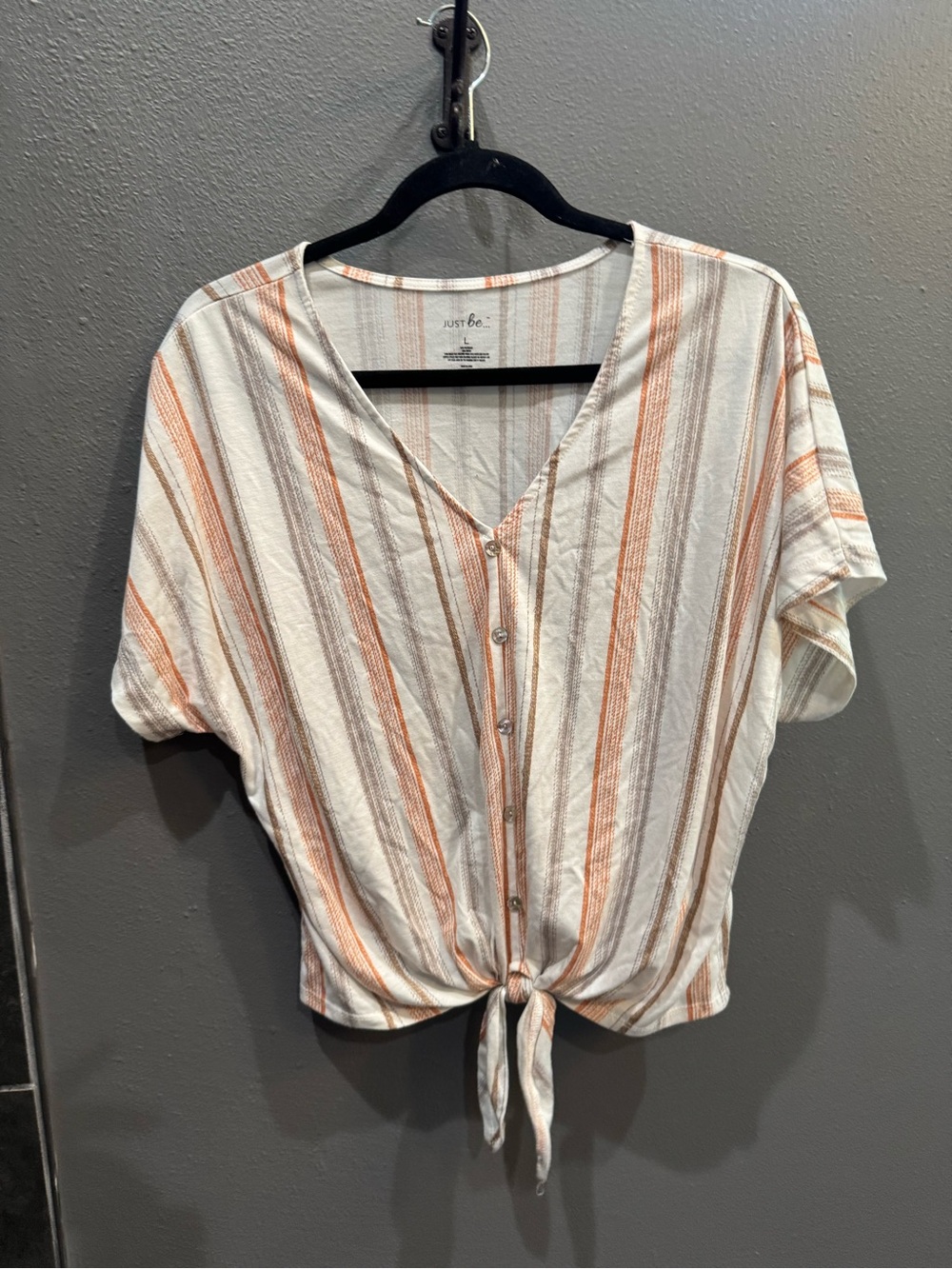 just be Cream and Orange Striped Tie-Front Button Top